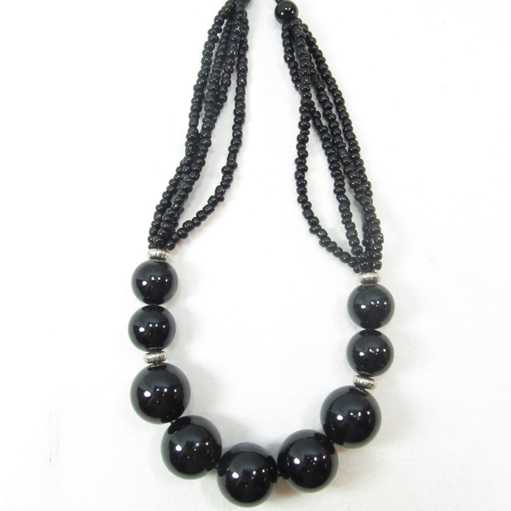 16" Black Spheres Balls 3 Strand Choker Necklace